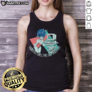 Official Mega64 anime tank top featuring 'Where Will We Go Today?' design, perfect for fans of gaming and anime culture.