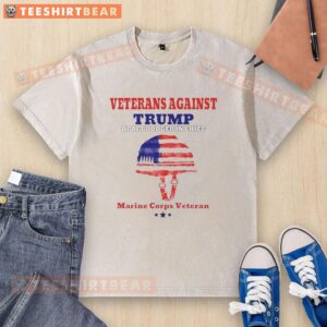 Top Veterans Against Draft Dodger In Chief wearing Marine Corps veteran washed t-shirt at protest event.