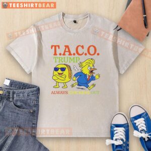 Alt Text: Hot Taco Trump Always Chickens Out T.A.C.O. washed t-shirt featuring a humorous graphic design in vibrant colors.