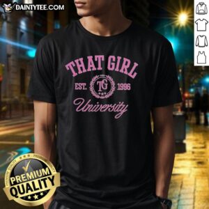 Alt Text: Pretty That Girl Crest Est 1996 TG University T-Shirt in vibrant colors, showcasing a trendy college style.