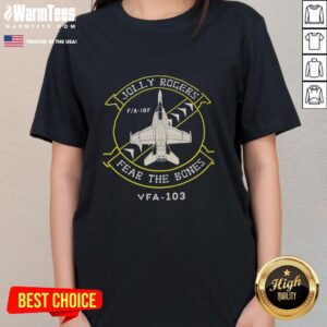 Official Jolly Rogers Fear The Bones VFA-103 ladies tee featuring a stylish design perfect for aviation enthusiasts.