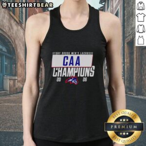 Stony Brook Seawolves 2026 CAA Men's Lacrosse Champions tank top featuring team colors and logo, perfect for fans.