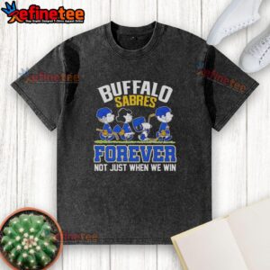 Official Peanuts characters on a Buffalo Sabres 'Forever Not Just When We Win' washed t-shirt design.