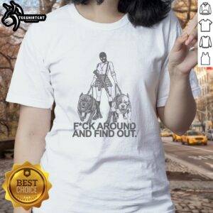 Alt Text: Pretty girl in a balaclava mask walking two dogs, wearing a 'Fuck Around and Find Out' ladies tee.