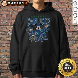 Alt Text: Vancouver Canucks Disney team ice hockey hoodie featuring vibrant colors and logos, perfect for fans.