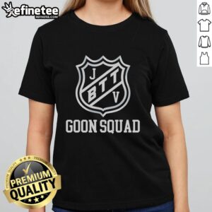 Hot Jbttv Goon Squad Shield Ladies Tee featuring vibrant graphics and comfortable fit for stylish casual wear.