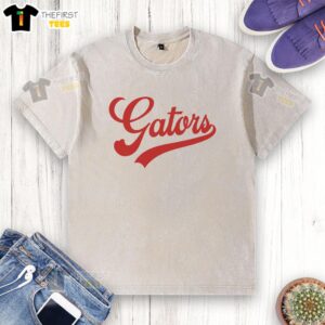 Alt Text: Pretty Gators school spirit mascot logo on a washed t-shirt for team sports enthusiasts.