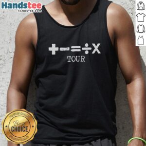 Alt Text: Ed Sheeran tank top featuring premium plus math-themed design with symbols for subtract, divide, and multiply.