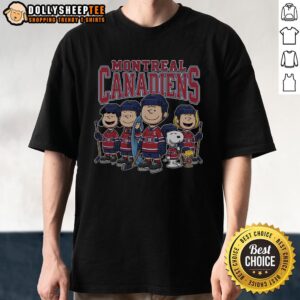 Alt Text: Montreal Canadiens Peanuts cartoon ice hockey T-shirt featuring iconic characters supporting the team.