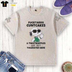 Alt Text: Savage Snoopy humor washed t-shirt with humorous text: 'Cute Fucktards, Cuntcakes, and Twatwaffles Not Tolerated'