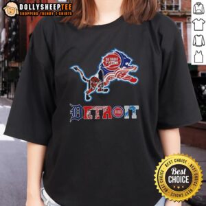 Collage of Detroit Lions NFL and Detroit sports team logos on a ladies tee, showcasing team pride and style.
