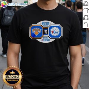 Nice New York Knicks vs Philadelphia 76ers 2026 NBA Playoffs Semifinals T-Shirt featuring team logos and vibrant design.
