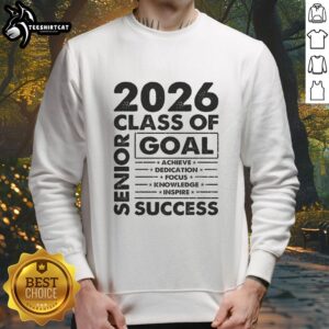 Class of 2026 senior grad wearing a stylish sweatshirt with 'Pretty Goal Success' design at graduation ceremony.