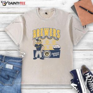 Alt Text: Awesome Mitchell & Ness Cream Milwaukee Brewers Step Back Up Washed T-Shirt for stylish baseball fans.