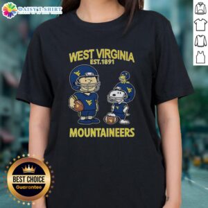 Official Charlie Brown and Snoopy West Virginia Mountaineers NCAA Football tee for ladies, celebrating Est. 1891.