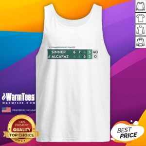 Alt Text: Official Sinner Alcaraz match scoreboard showing 3 championship points, featured on a stylish tank top.