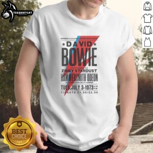 David Bowie as Ziggy Stardust live at Hammersmith Odeon on a T-shirt, celebrating the iconic London performance.