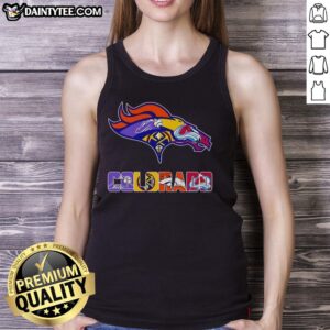 Denver Broncos, Nuggets, Rockies, Avalanche logo mashup on a tank top, perfect for Colorado sports fans.