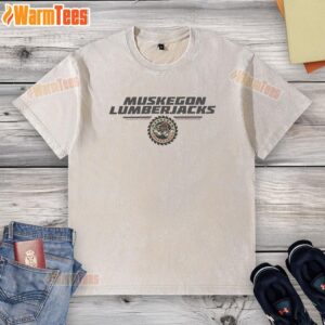 Alt Text: Original Muskegon Lumberjacks NHL cogwheel logo washed t-shirt in vintage style, perfect for hockey fans.