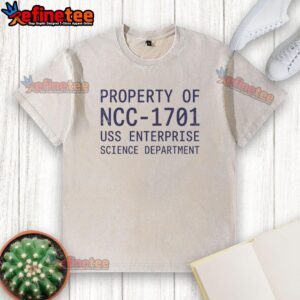 Official NCC-1701 USS Enterprise Science Department washed t-shirt showcasing iconic Star Trek design and logo.