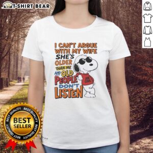 Funny retired husband tee, 'I Can't Argue with My Wife, She's Older,' perfect for humorous gifts and casual wear.