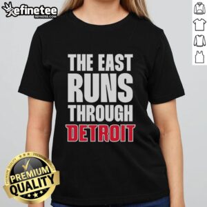 Alt Text: Original Detroit Pistons The East Runs Through ladies tee featuring bold team graphics and a stylish design.
