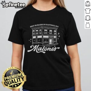 Delicious burger served at Malones Building, showcasing the top best burgers in Hastings on a stylish ladies tee.