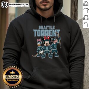 Awesome Seattle Torrent cartoon team ice hockey hoodie featuring vibrant graphics and a sporty design.