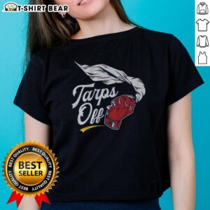 Awesome St. Louis Baseball Tarps Off Ladies Tee featuring vibrant team colors and stylish design for fans.