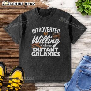 Awesome introverted but willing to discuss distant galaxies Star Wars themed washed t-shirt in a casual setting.