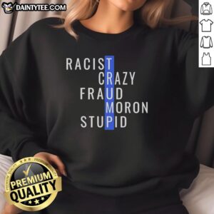 Funny sweatshirt with 'Nice Trump Racist Crazy Fraud Moron Stupid' graphic, perfect for satirical political commentary.