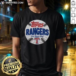 Alt Text: Awesome Red Texas Rangers MLB x Topps The Real One T-Shirt featuring vibrant team logo and stylish design.