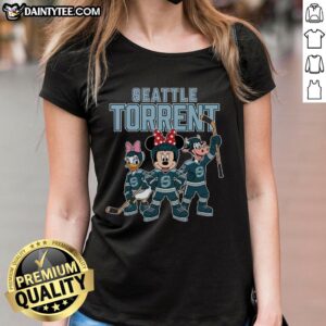 Cartoon design of Seattle Torrent ice hockey ladies team on a stylish tee shirt, perfect for fans and players.
