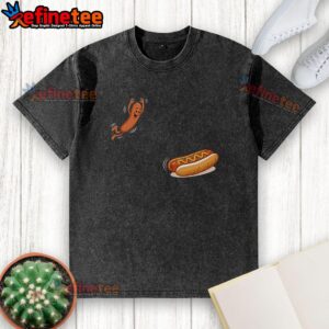 Colorful hot dog jumping into a bun, styled with sausage, perfect for BBQ lovers, featured on a washed t-shirt design.