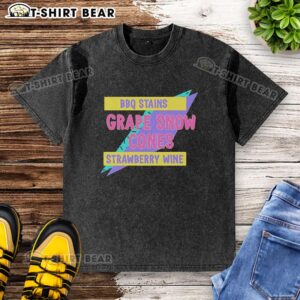 Alt Text: Top BBQ stains on a grape snow cones and strawberry wine washed t-shirt, showcasing unique, vibrant designs.