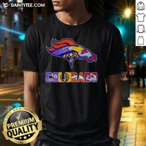 Alt Text: Denver Broncos, Nuggets, Rockies, and Avalanche logo mashup T-shirt showcasing Colorado sports team pride.
