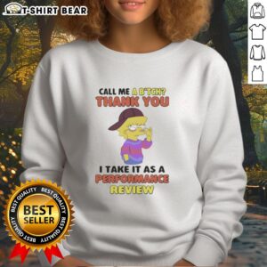 Premium Lisa Simpson Thank You sweatshirt featuring a playful quote about performance reviews in vibrant colors.