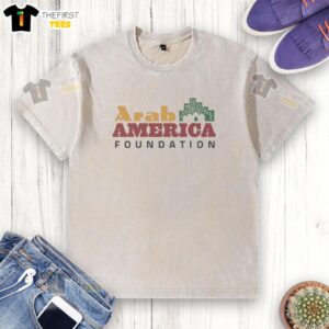 Awesome Jacques Abou Rizk Arab America Foundation logo on a washed t-shirt, showcasing cultural pride and style.