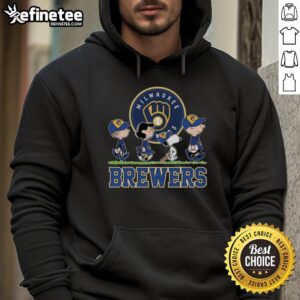 Good Snoopy, Charlie Brown, Linus, and Lucy in Milwaukee Brewers baseball jerseys and hoodies, celebrating team spirit.