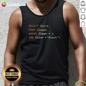 Person selecting a clean black tank top from a closet filled with organized shirts and clothing options.