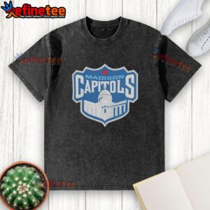 Alt Text: Vintage washed t-shirt featuring the Good Madison Capitols hockey logo in a stylish design. Perfect for fans!