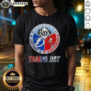 Hot Tampa Bay Rays, Lightning, and Buccaneers mashup logos on a trendy team t-shirt for sports fans.