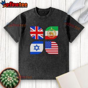 Alt Text: Premium Union Jack, Iran, Israel, and USA flag washed t-shirt, showcasing vibrant flags in a stylish design.
