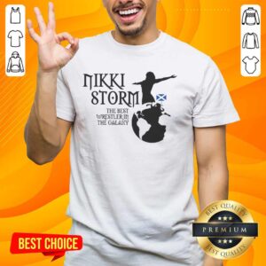 Alt Text: Nikki Storm Scotland T-Shirt featuring 'Best In The Galaxy' design and Planet Storm graphic, perfect for fans.