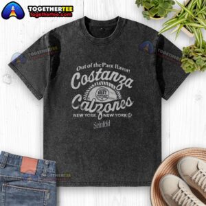 Alt Text: Pretty Seinfeld X New York Yankees Costanzas Calzones washed t-shirt featuring iconic designs and vibrant colors.
