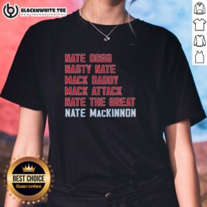 Colorado Avalanche Ladies Tee featuring Nathan MacKinnon, perfect for fans of the NHL superstar and stylish sportswear.