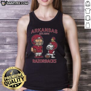 Good Charlie Brown and Snoopy tank top featuring Arkansas Razorbacks logo, celebrating NCAA Football since 1894.