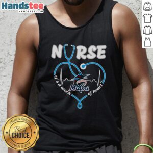 Official Nurse Miami Marlins stethoscope tank top with 'It's a Work of Heart' design, perfect for nurse fans.