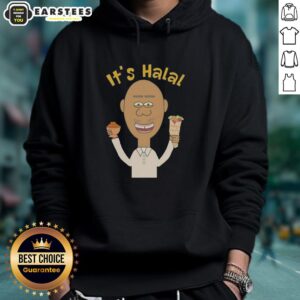 Alt Text: Man enjoying a dates kebab while wearing a Good Its Halal hoodie, celebrating Ramadan in a vibrant Islamic atmosphere.