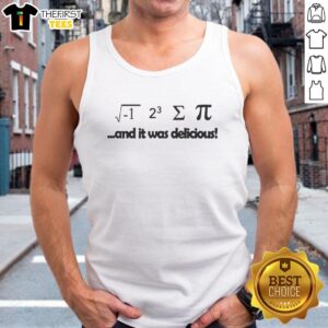Person wearing a 'Hot-I-Ate-Some-Pie-And-It-Was-Delicious' tank top, solving math puzzles in a cozy setting.